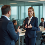 Charisme versus leadership : quelle différence ? Femme d'affaires confiante parlant à un groupe dans un bureau moderne