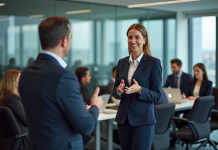 Charisme versus leadership : quelle différence ? Femme d'affaires confiante parlant à un groupe dans un bureau moderne