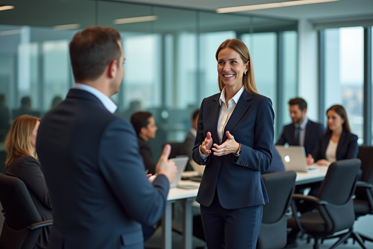 Femme d'affaires confiante parlant à un groupe dans un bureau moderne