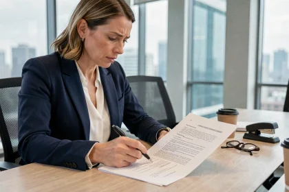 Femme d'affaires en blazer marine relisant attentivement un contrat d'égérie dans une salle de réunion moderne
