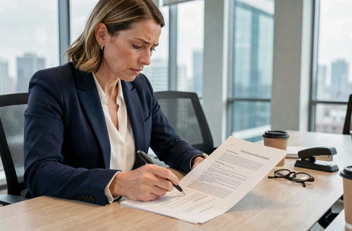 Femme d'affaires en blazer marine relisant attentivement un contrat d'égérie dans une salle de réunion moderne