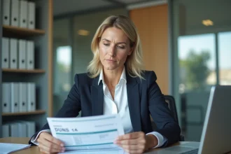 Femme d'affaires examinant un document avec DUNS dans un bureau moderne