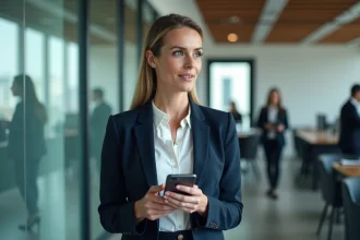 Femme d'affaires utilisant une plateforme de networking B2B sur smartphone dans un bureau moderne