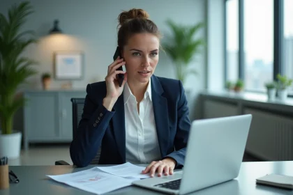 Femme d'affaires au bureau parlant au smartphone
