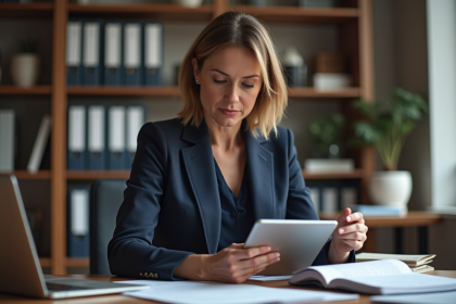 Femme d affaires en costume navy consulte un document digital