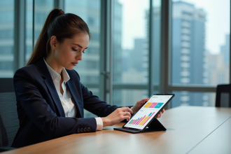 Femme professionnelle analysant des graphiques marketing colorés