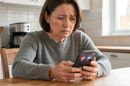 Femme inquiète regardant un appel entrant d'un numéro inconnu 0974769754 sur son smartphone dans une cuisine