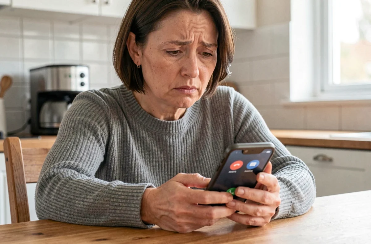 Femme inquiète regardant un appel entrant d'un numéro inconnu 0974769754 sur son smartphone dans une cuisine