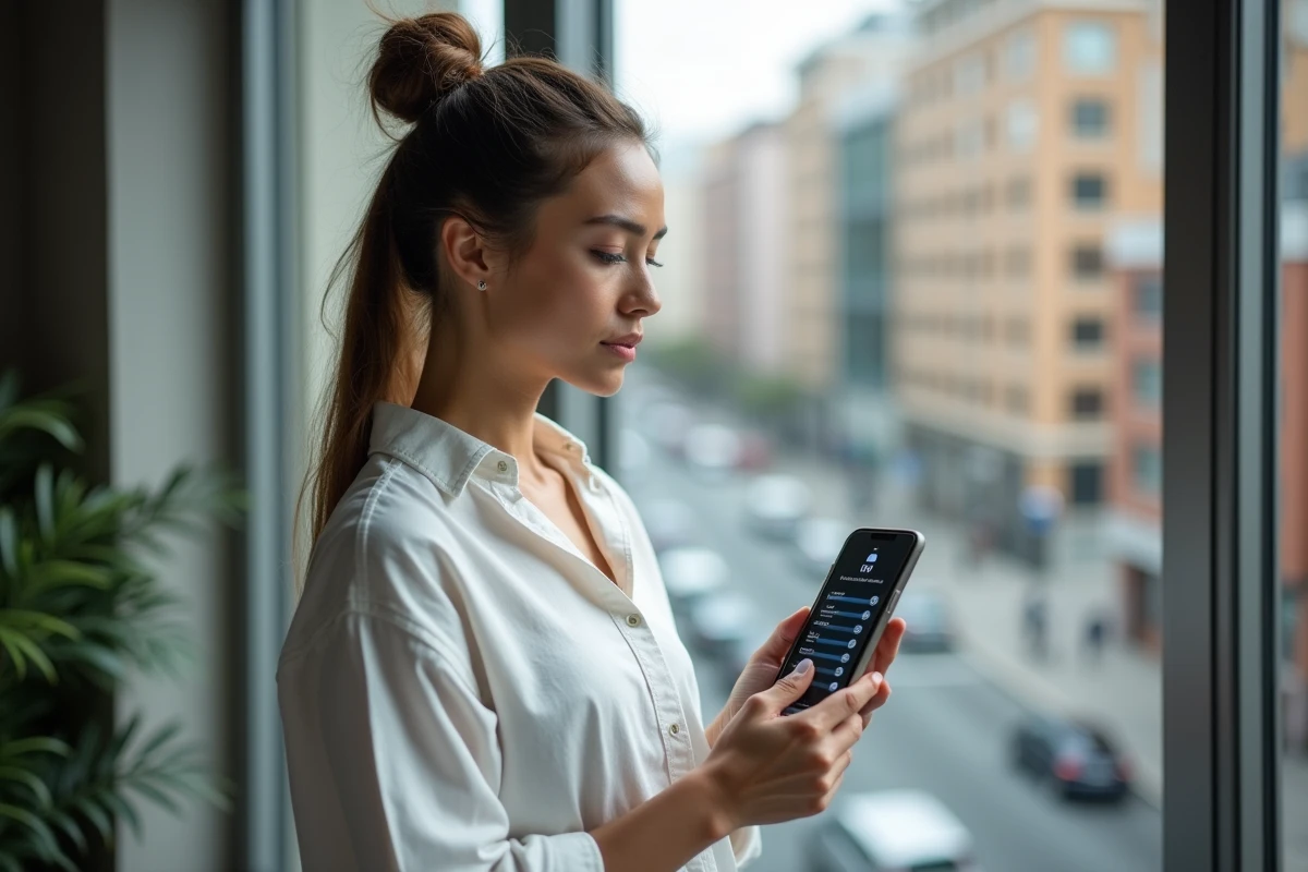 Femme consultant une application VPN sur son smartphone pour contourner l'inaccessibilité d'un site web
