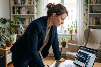 Femme en ligne d'apprentissage dans un appartement moderne