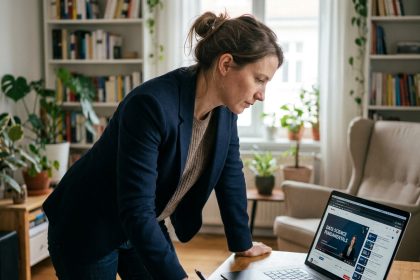 Femme en ligne d'apprentissage dans un appartement moderne