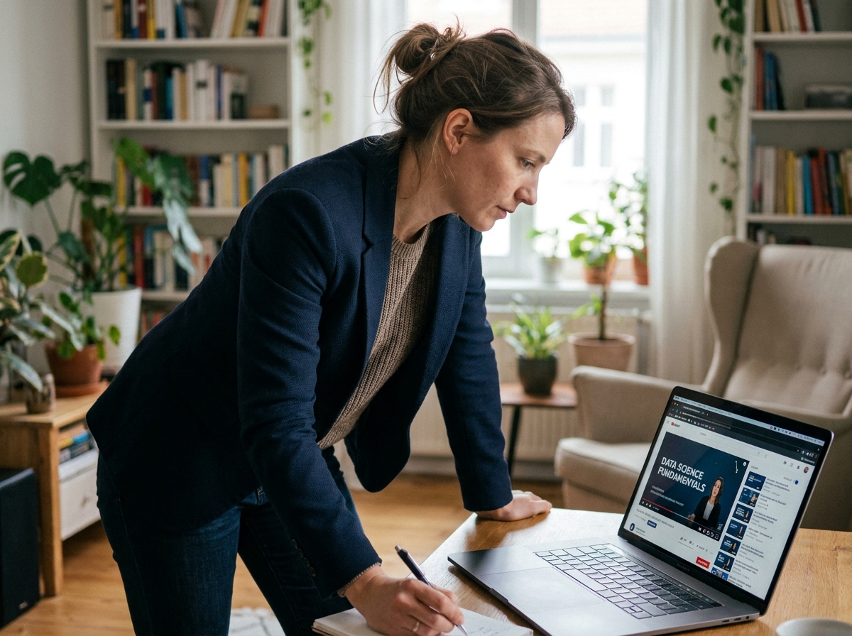 Femme en ligne d'apprentissage dans un appartement moderne