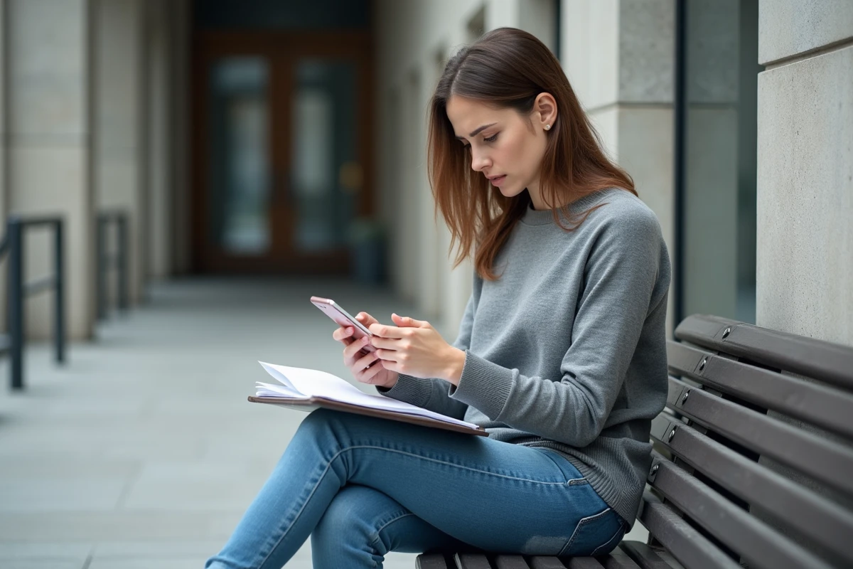 Jeune femme sur un banc pr&egrave;s d