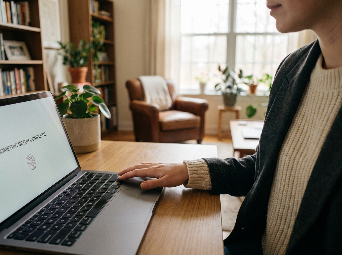 Jeune femme configurant une authentification biometrie sur son ordinateur portable à domicile