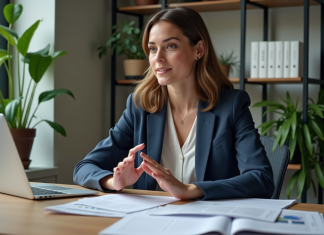 Femme en tenue professionnelle discutant lors d'une réunion à Bordeaux