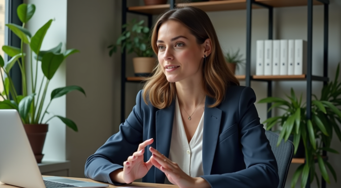 Femme en tenue professionnelle discutant lors d'une réunion à Bordeaux