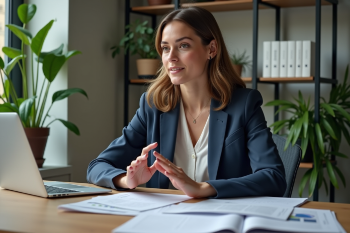 femme-bureau-bordeaux Femme en tenue professionnelle discutant lors d'une réunion à Bordeaux