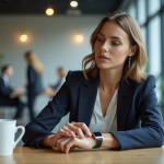Femme au bureau sirotant un café en regardant sa montre