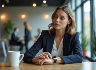 Salaire: Les pauses de 20 minutes sont-elles rémunérées ? Femme au bureau sirotant un café en regardant sa montre