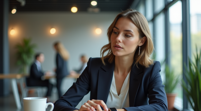 Femme au bureau sirotant un café en regardant sa montre