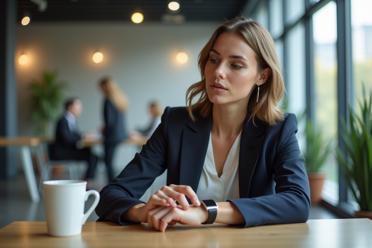 Femme au bureau sirotant un café en regardant sa montre