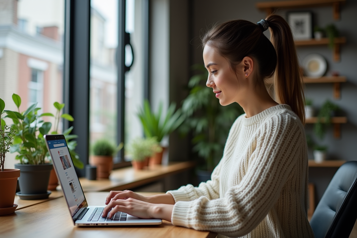 Femme au bureau créant une campagne Facebook