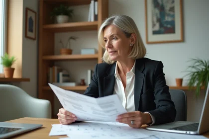 Femme d'&acirc;ge moyen dans un bureau &agrave; domicile lisant des documents financiers