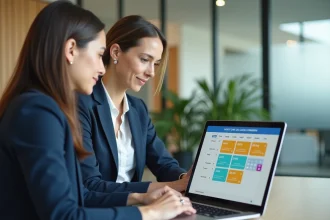 Femme professionnelle consultant un logiciel de gestion des congés payés et RTT sur son ordinateur portable dans un bureau moderne