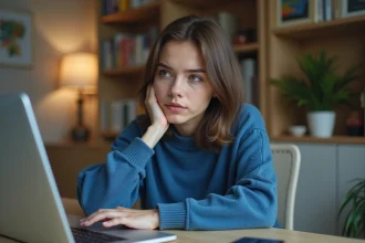 Jeune femme au bureau à domicile regardant l'écran