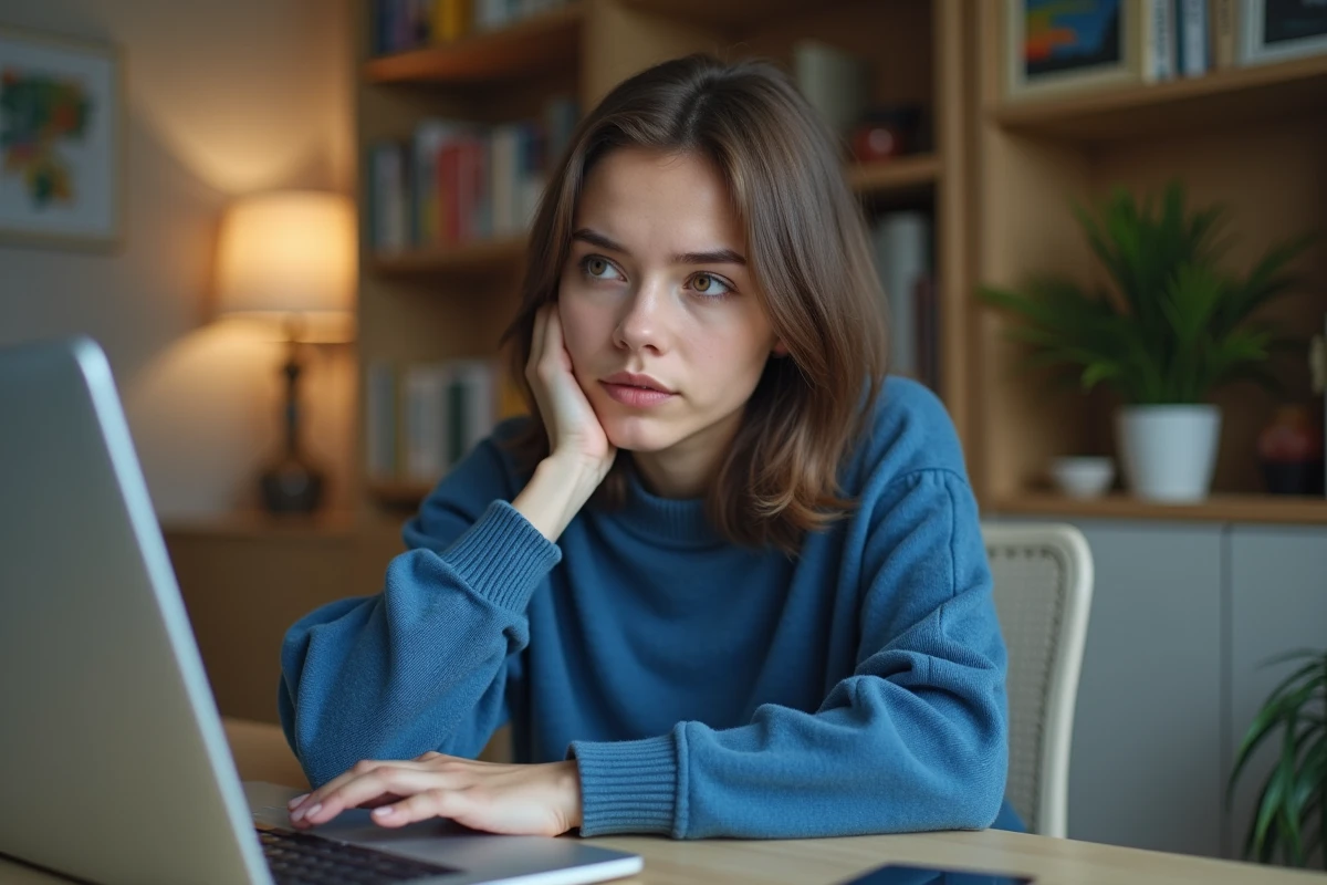 Jeune femme au bureau à domicile regardant l'écran