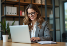 Ce que le nouveau site de vente au personnel de L’Oréal révèle sur la marque Femme en mid30s utilisant un ordinateur portable dans un bureau lumineux