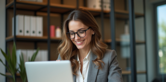 Ce que le nouveau site de vente au personnel de L’Oréal révèle sur la marque Femme en mid30s utilisant un ordinateur portable dans un bureau lumineux