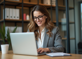 Ce que le nouveau site de vente au personnel de L’Oréal révèle sur la marque Femme en mid30s utilisant un ordinateur portable dans un bureau lumineux