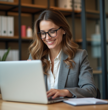 Ce que le nouveau site de vente au personnel de L’Oréal révèle sur la marque Femme en mid30s utilisant un ordinateur portable dans un bureau lumineux