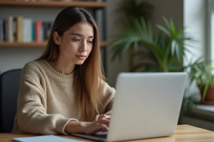 Jeune femme au bureau consulte un site gouvernemental