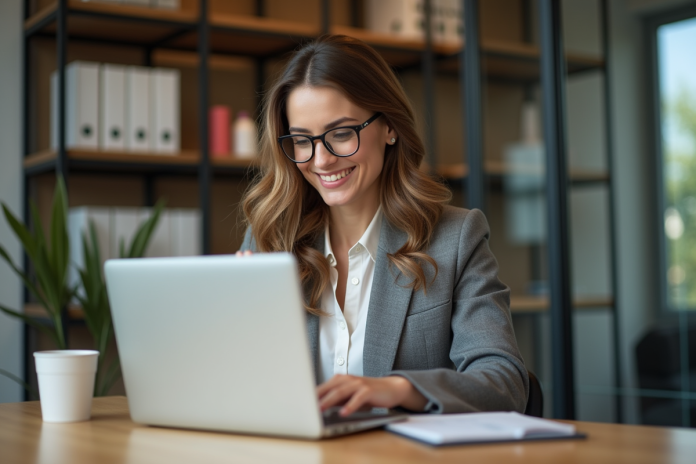 Femme en mid30s utilisant un ordinateur portable dans un bureau lumineux