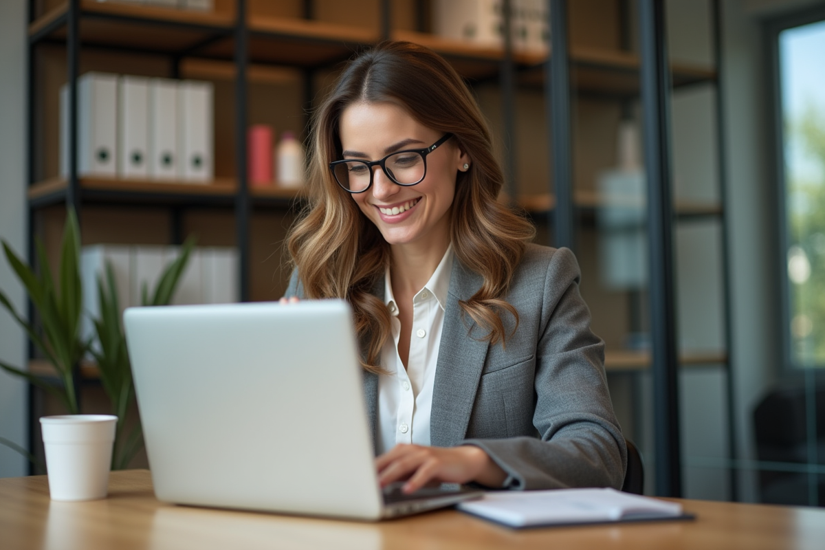 Femme en mid30s utilisant un ordinateur portable dans un bureau lumineux
