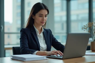 Femme d affaires concentrée sur son ordinateur avec documents