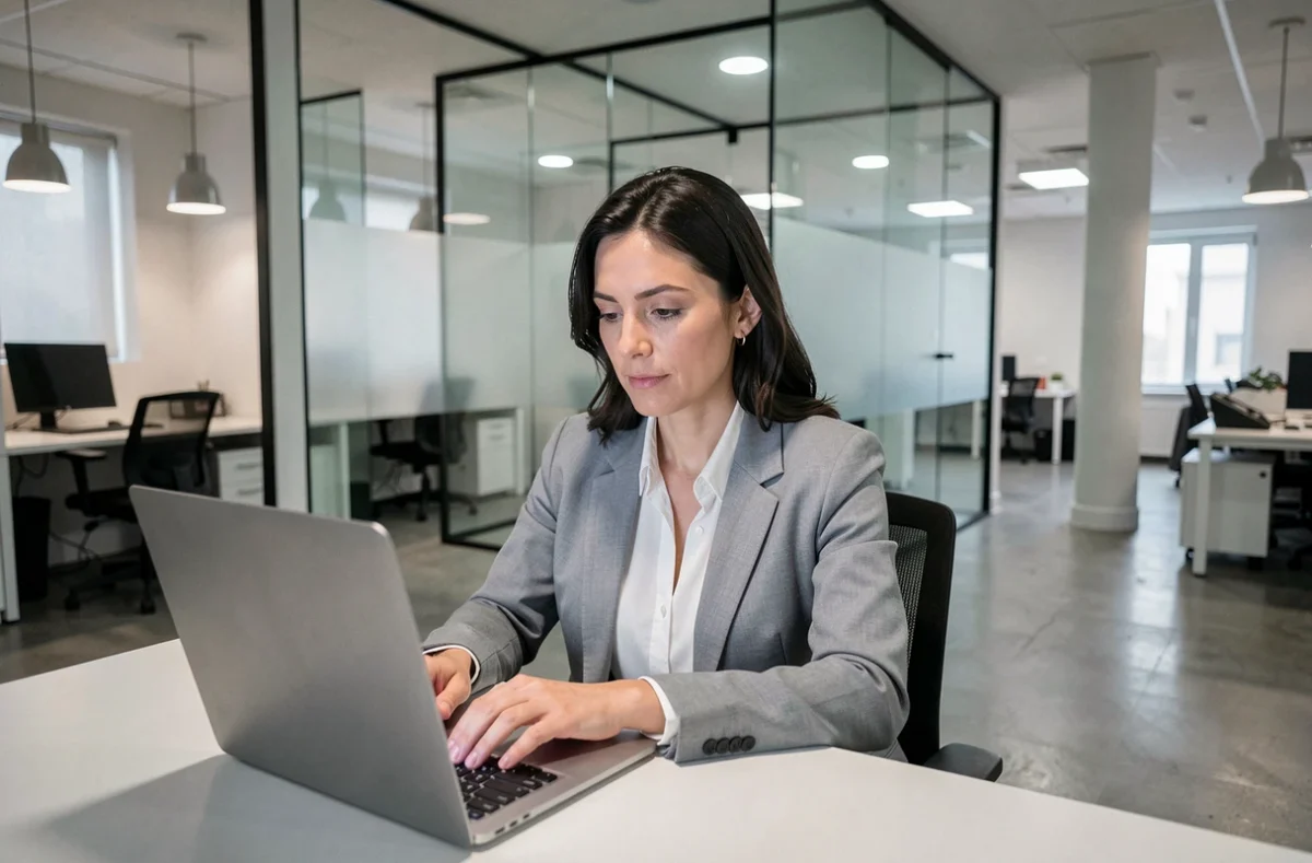 Femme travaillant dans un bureau privatif partagé avec cloisons en verre dans un espace de coworking professionnel