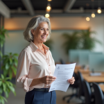 Femme d'affaires vérifiant des graphiques de bien-être au bureau