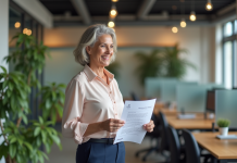 Femme d'affaires vérifiant des graphiques de bien-être au bureau