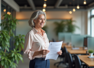 Femme d'affaires vérifiant des graphiques de bien-être au bureau
