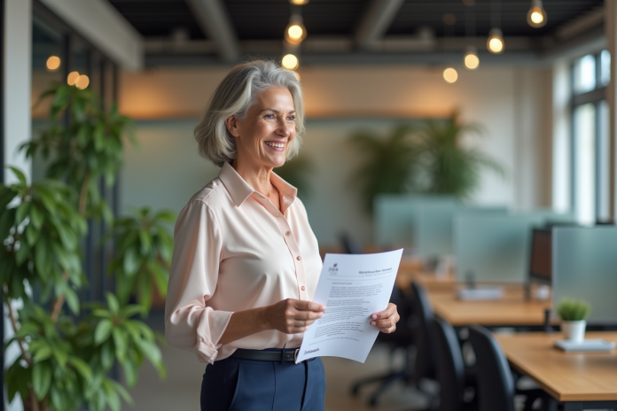 Femme d'affaires vérifiant des graphiques de bien-être au bureau