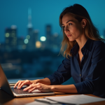 E-mails à froid : peut-on les envoyer tardivement en prospection ? Femme professionnelle au bureau en soirée vérifiant son ordinateur