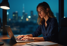 E-mails à froid : peut-on les envoyer tardivement en prospection ? Femme professionnelle au bureau en soirée vérifiant son ordinateur