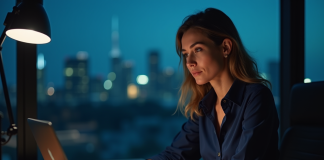 E-mails à froid : peut-on les envoyer tardivement en prospection ? Femme professionnelle au bureau en soirée vérifiant son ordinateur