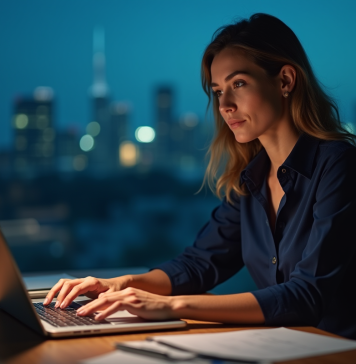 E-mails à froid : peut-on les envoyer tardivement en prospection ? Femme professionnelle au bureau en soirée vérifiant son ordinateur