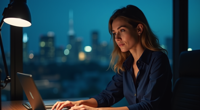 E-mails à froid : peut-on les envoyer tardivement en prospection ? Femme professionnelle au bureau en soirée vérifiant son ordinateur