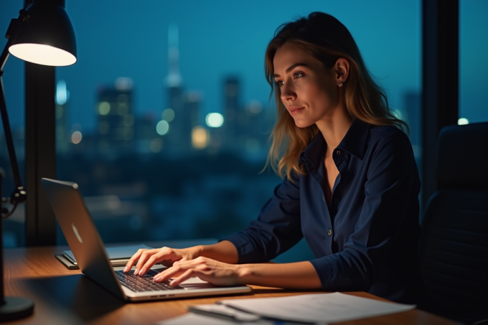 femme-bureau-soir Femme professionnelle au bureau en soirée vérifiant son ordinateur