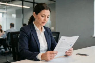 Femme cadre en entreprise relisant une note de service imprimée à son bureau dans un open space moderne
